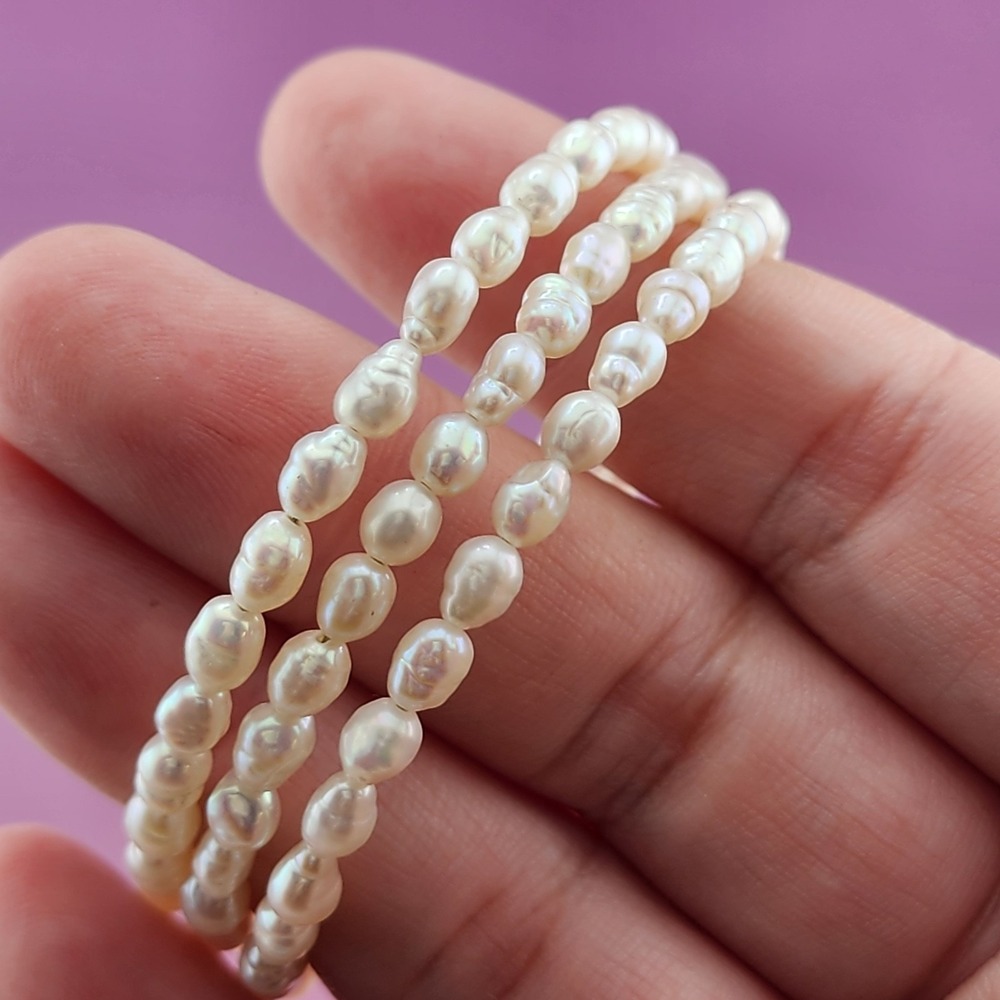 White Irregular Pearl Bead Stretch Bracelet Triple Strand Dainty Bridal Classic